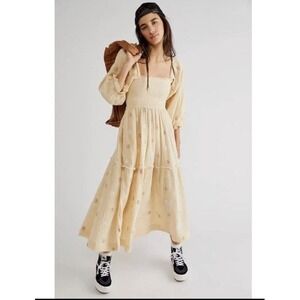 Free People Dahlia Embroidered Floral Maxi Dress Yellow Womens Size XS Tiered